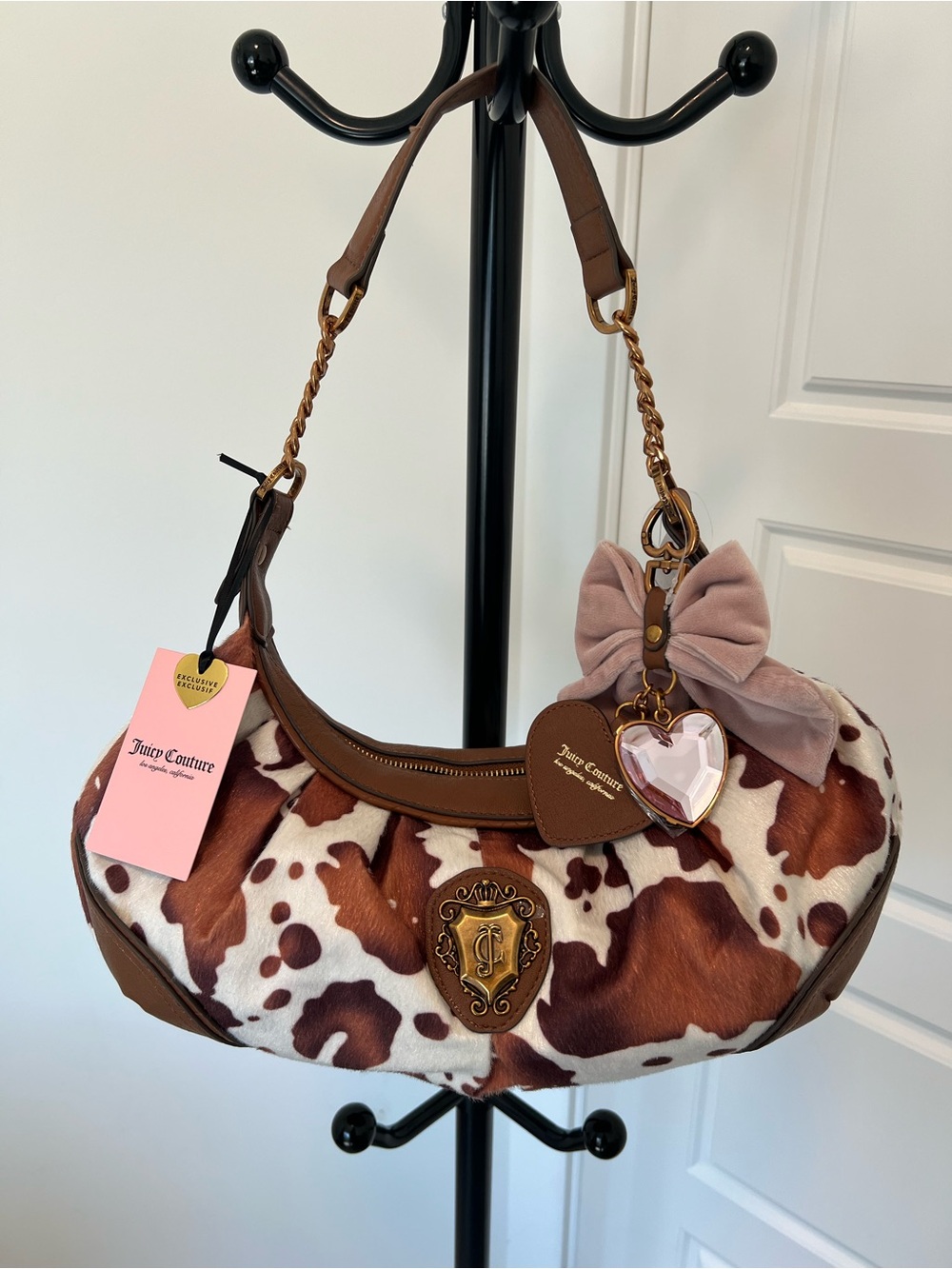 Juicy Couture Brown & White Cowhide Print Shoulder Bag with Heart Charm & Bow